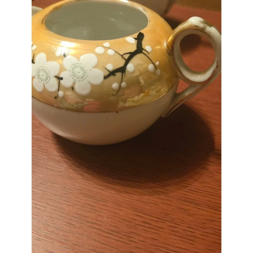 Vintage Lusterware Creamer and Sugar Bowl Set Orange Cherry Blossom Porcelain